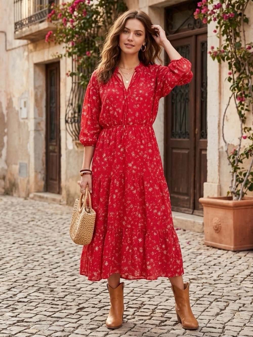 Free People Red Floral Tiered Midi Dress